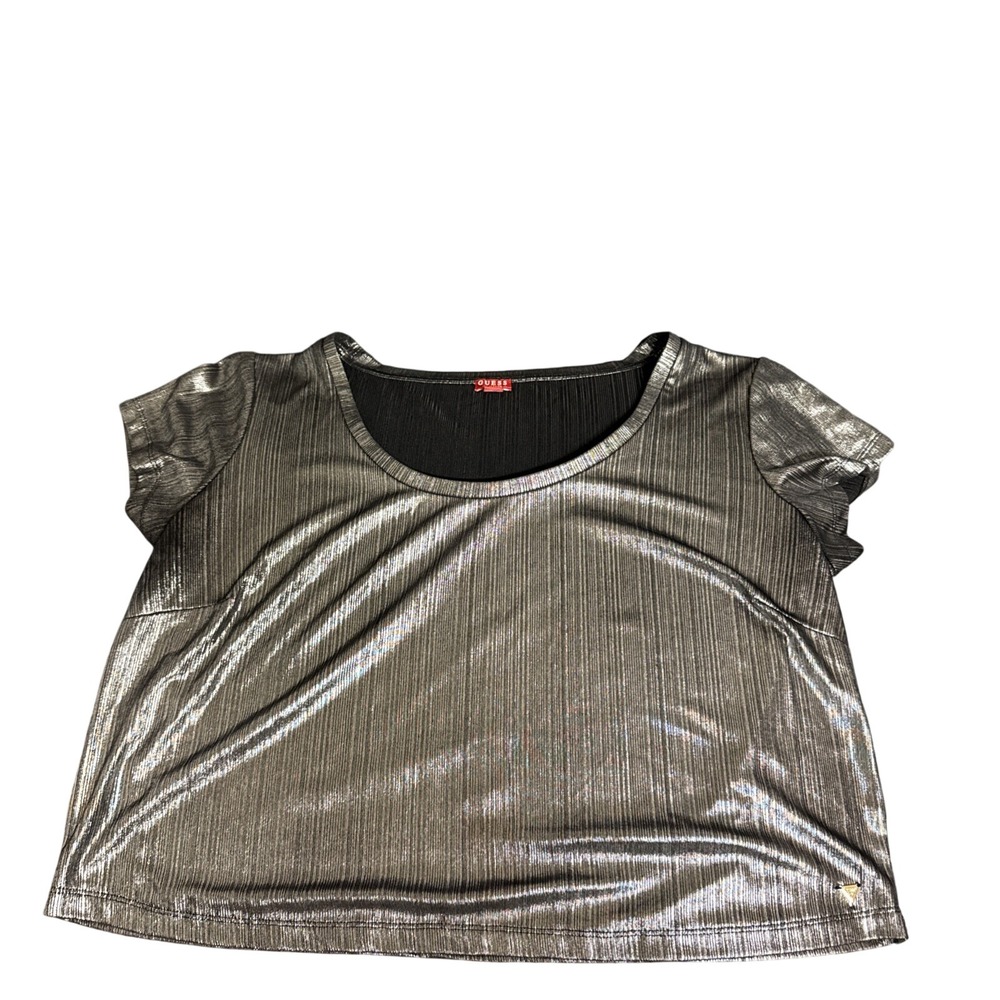 Guess Los Angeles Metallic Silver Plisse Crop Top Scoop Neck Short Sleeve Blouse